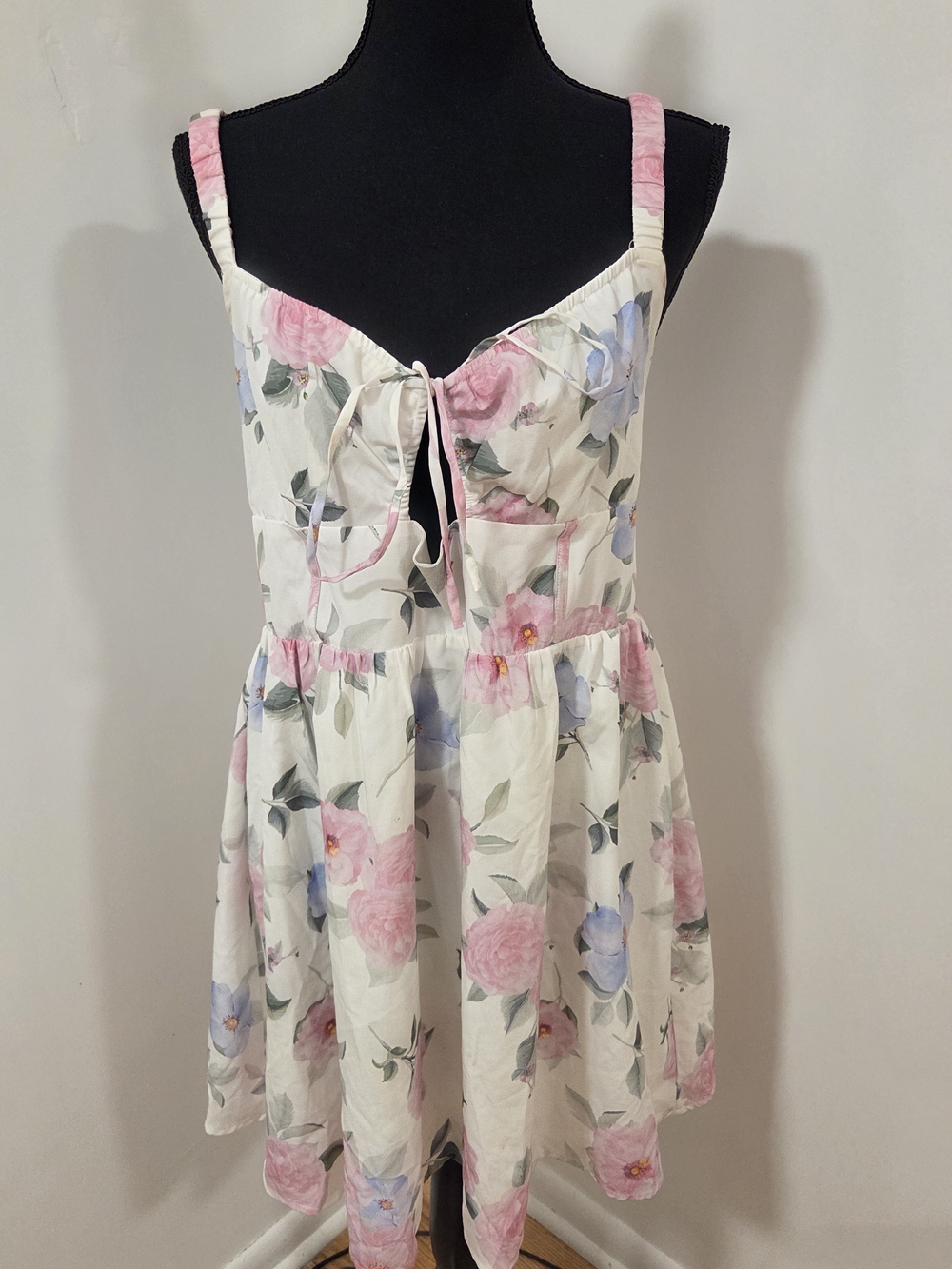 SHEIN White Floral Tie-Front Mini Dress with Pink & Blue Blossoms